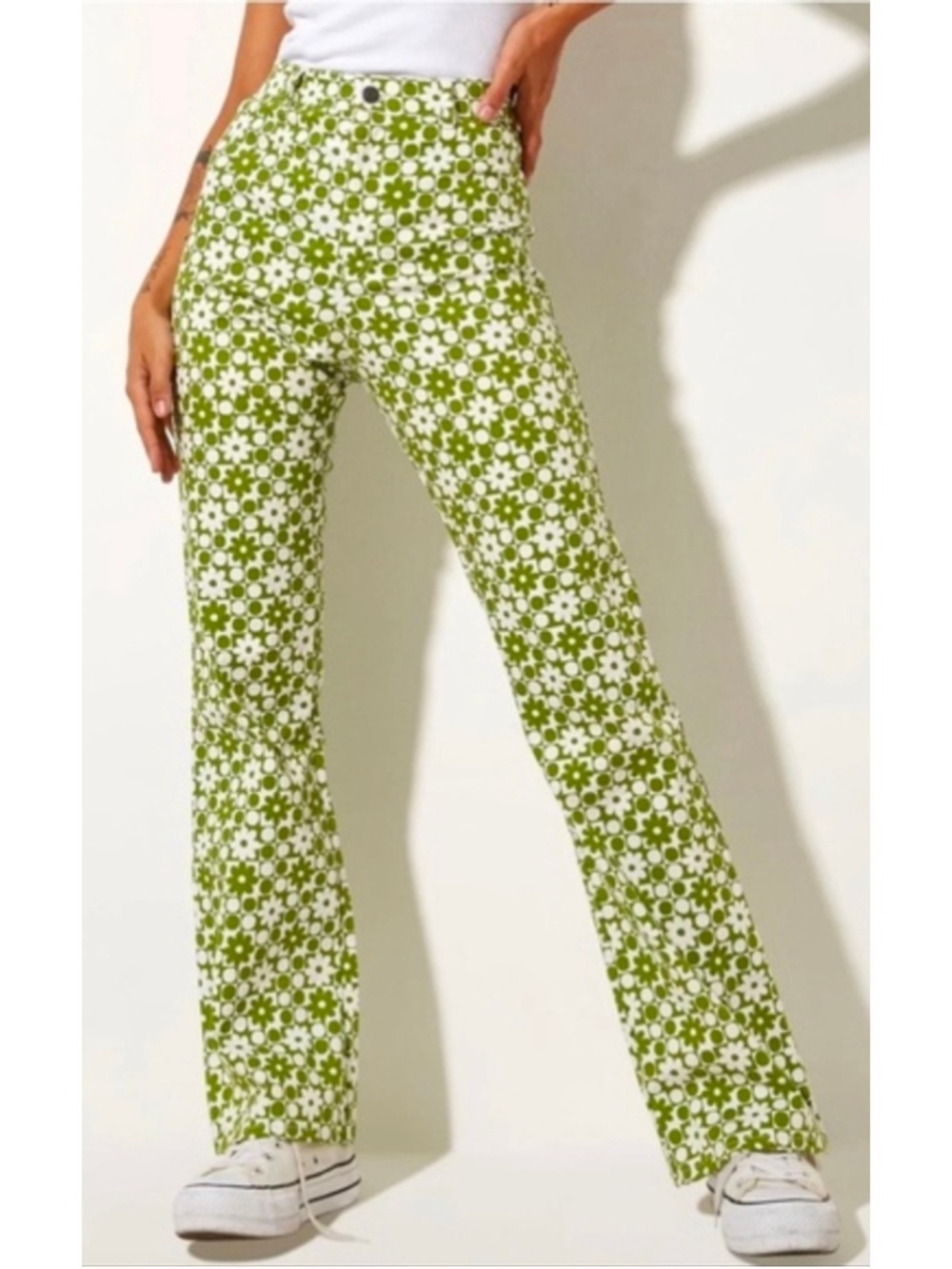 Motel Rocks Zoven Flare Trouser in Patchwork Daisy Green Size S